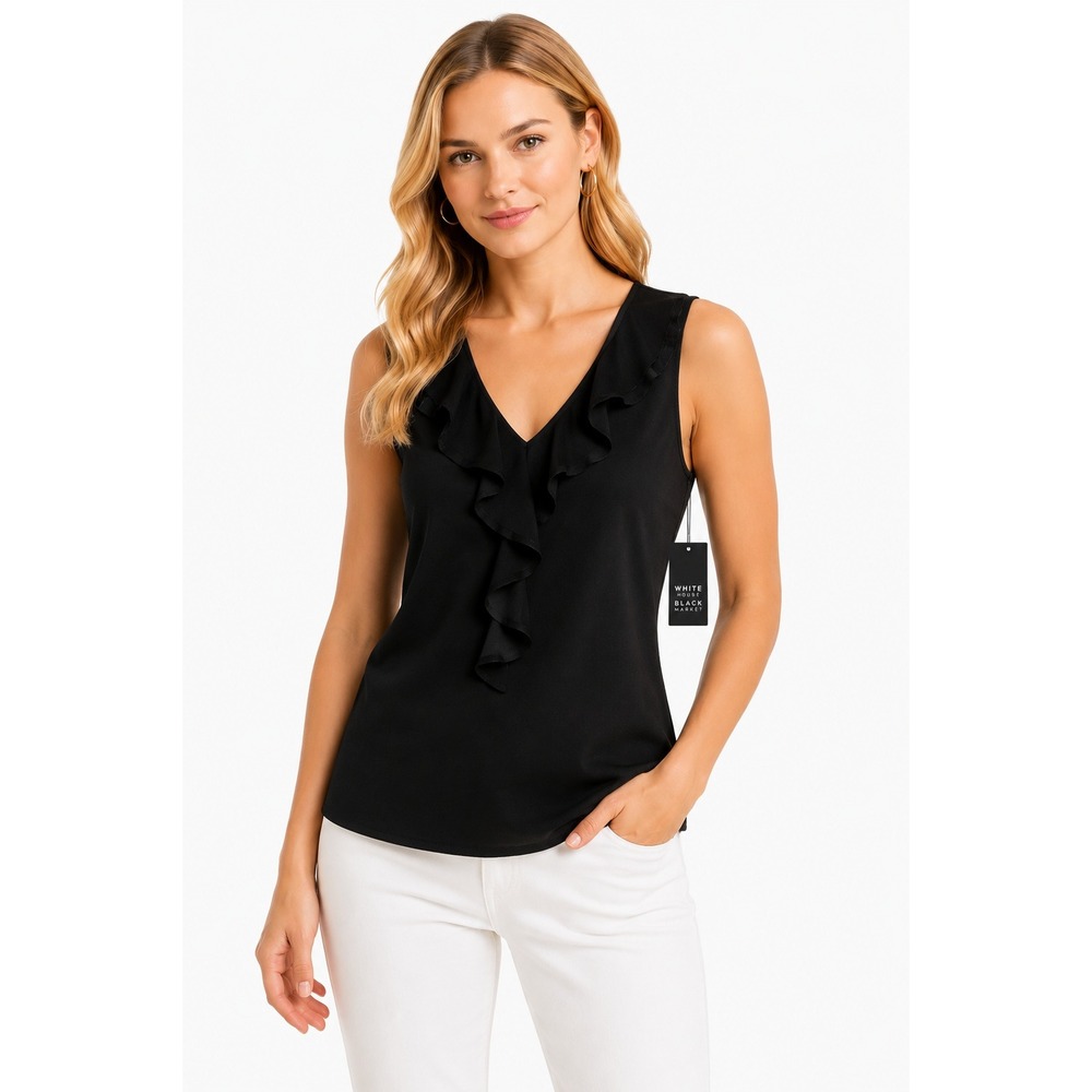 WHBM Black Ruffle V Neck Sleeveless Top Womens S Blouse Work‎ Career NWT